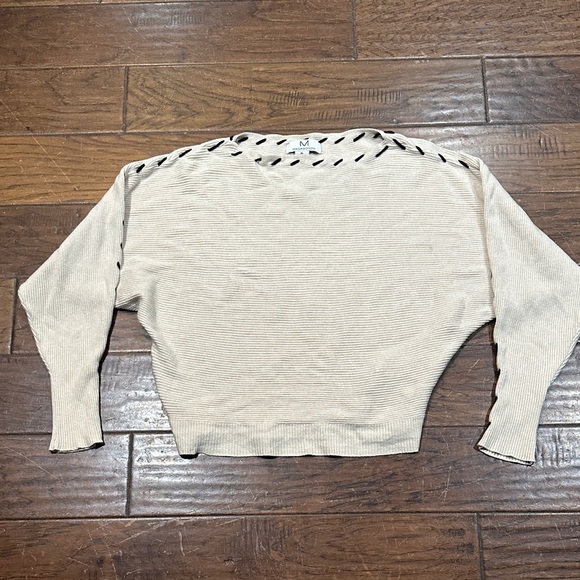 Magaschoni Sweaters - Magaschoni Ribbed Beige Top with Black Lacing